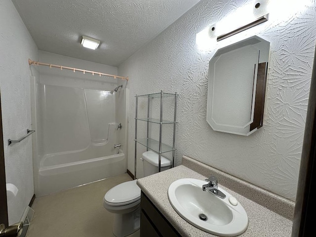 861 Chicora Rd, Oakland Twp, PA 16025 - bathroom featuring a textured ceiling, toilet, vanity, bathing tub / shower combination, and a textured wall