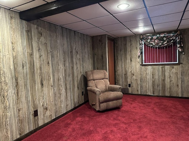 861 Chicora Rd, Oakland Twp, PA 16025 - living area with a drop ceiling, wooden walls, and carpet floors