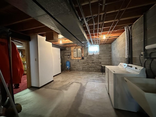 861 Chicora Rd, Oakland Twp, PA 16025 - below grade area featuring electric panel, washing machine and dryer, and a sink