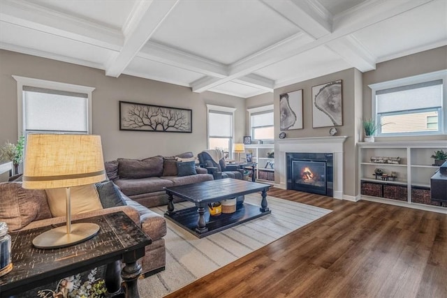 2623 Arno Dr, Oakdale, PA 15071 - living room featuring coffered ceiling, a wealth of natural light, a glass covered fireplace, wood finished floors, and beam ceiling