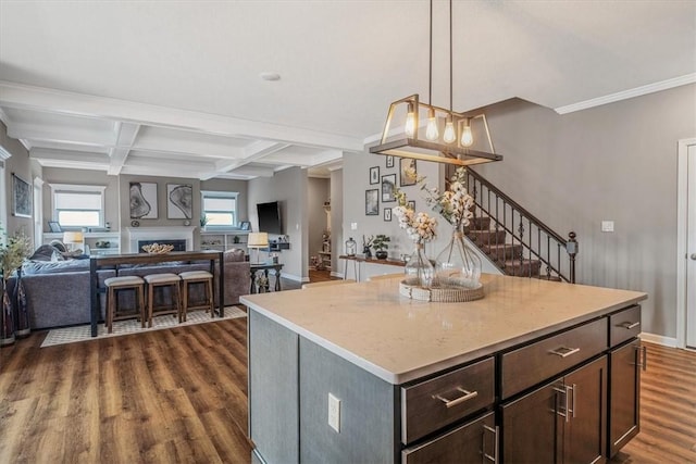 2623 Arno Dr, Oakdale, PA 15071 - kitchen featuring beam ceiling, dark brown cabinetry, light countertops, dark wood-style floors, and coffered ceiling