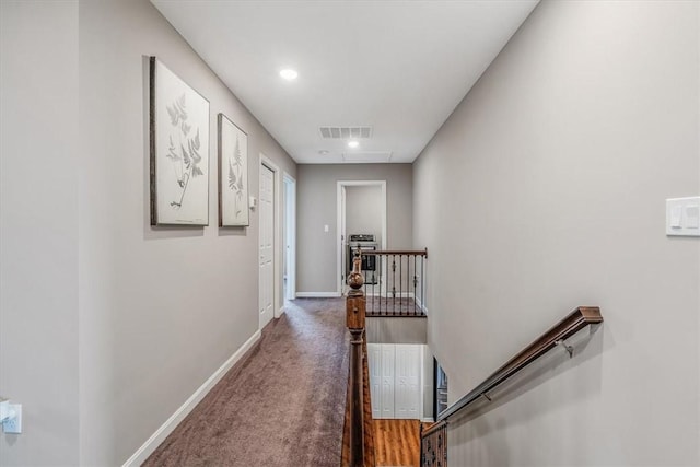 2623 Arno Dr, Oakdale, PA 15071 - hall featuring attic access, baseboards, carpet flooring, visible vents, and an upstairs landing