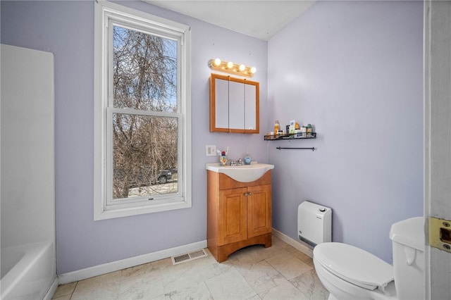 209-211 S Wade St, City Of Washington, PA 15301 - full bathroom with toilet, visible vents, baseboards, marble finish floor, and vanity