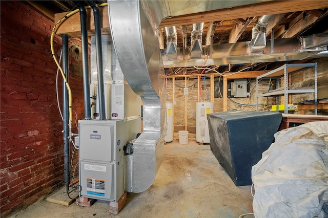 209-211 S Wade St, City Of Washington, PA 15301 - unfinished below grade area with electric panel, electric water heater, brick wall, and water heater