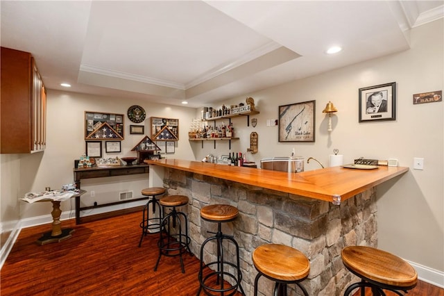 bar with ornamental molding, a tray ceiling, dark wood-style floors, and indoor wet bar