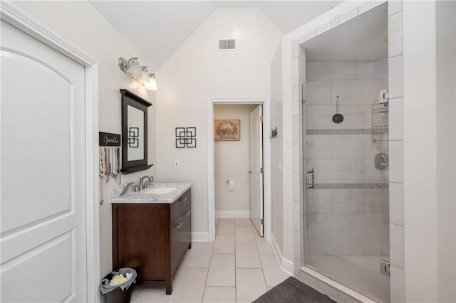 full bath featuring a stall shower, tile patterned floors, vanity, and visible vents