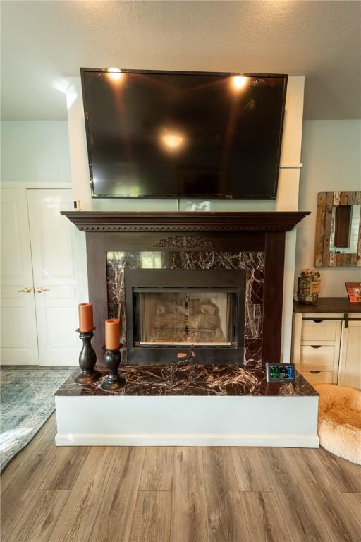 detailed view of a fireplace and wood finished floors