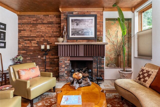 2220 Sarah St, South Side, PA 15203 - living area featuring ornamental molding, a fireplace, brick wall, and wood finished floors