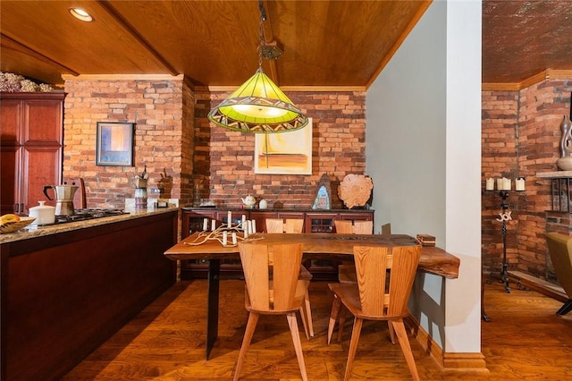 2220 Sarah St, South Side, PA 15203 - dining area with brick wall, wood ceiling, wood finished floors, and baseboards