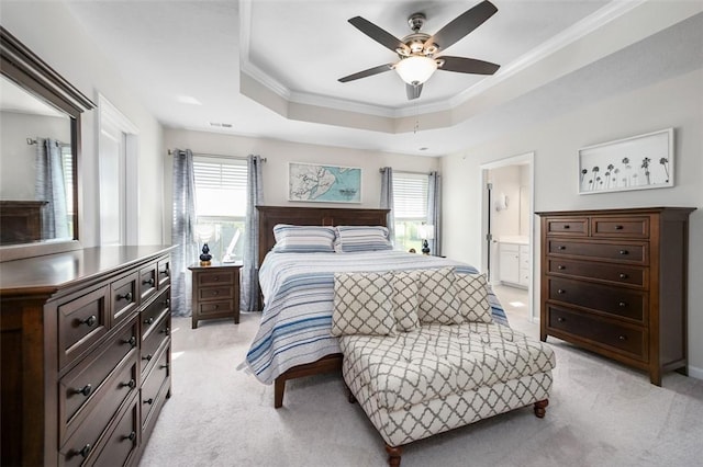 7005 Augusta Ln, Penn Twp Wml, PA 15644 - bedroom with light carpet, crown molding, a tray ceiling, ensuite bathroom, and a ceiling fan