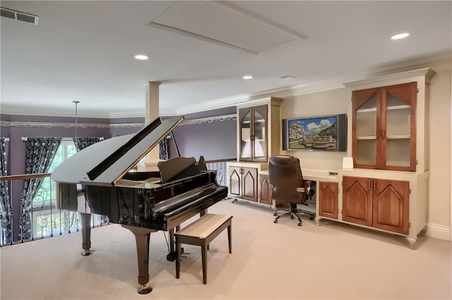 107 Mirage Dr, Cranberry Twp, PA 16066 - living area with crown molding, light carpet, recessed lighting, and an office area