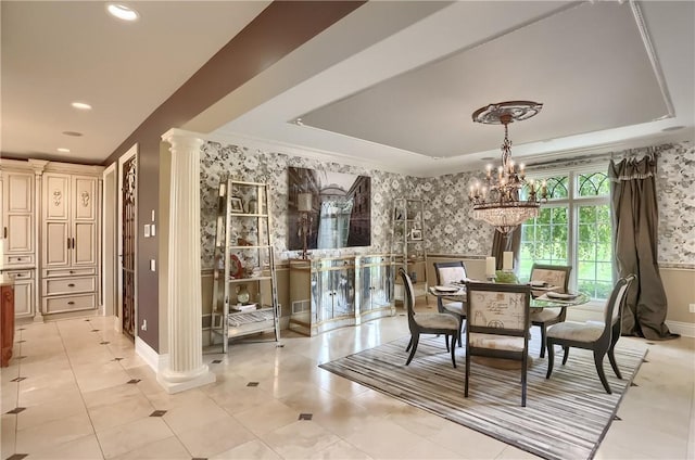 107 Mirage Dr, Cranberry Twp, PA 16066 - dining room featuring decorative columns, wallpapered walls, recessed lighting, baseboards, and a chandelier