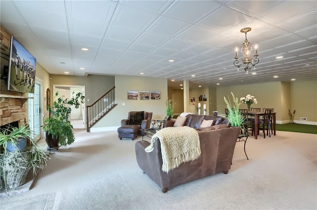 107 Mirage Dr, Cranberry Twp, PA 16066 - carpeted living area with stairway, recessed lighting, a chandelier, and baseboards