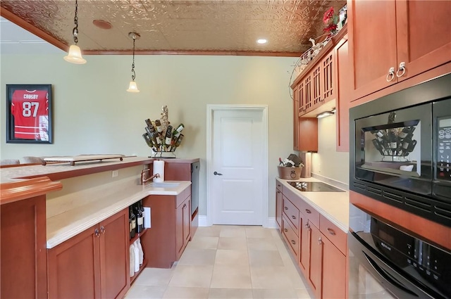 107 Mirage Dr, Cranberry Twp, PA 16066 - kitchen with black appliances, a sink, light countertops, hanging light fixtures, and an ornate ceiling