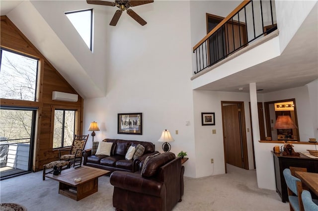 4308 Swiss Mountain Dr, Seven Springs Resort, PA 15622 - living room with a towering ceiling, an AC wall unit, light carpet, wood walls, and a ceiling fan