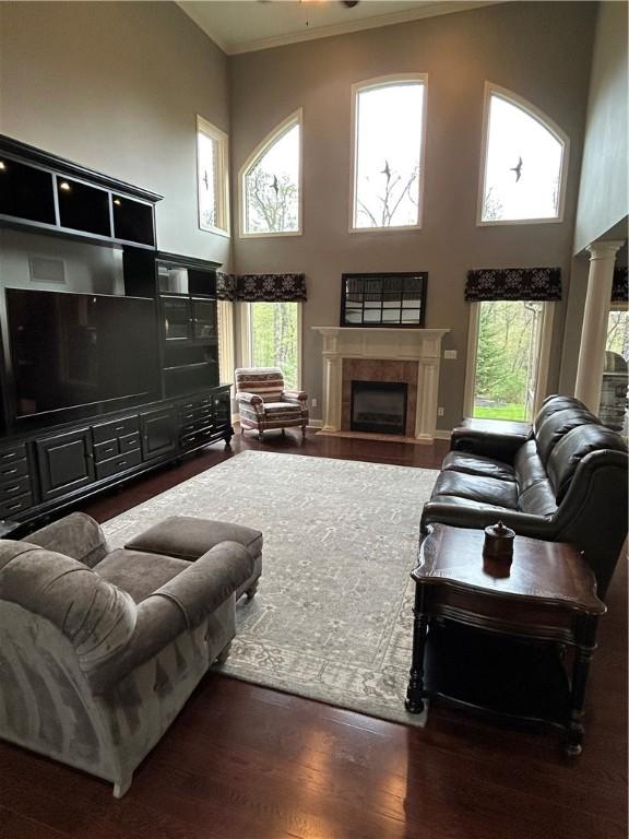 living area featuring a high ceiling, a fireplace with flush hearth, healthy amount of natural light, crown molding, and wood finished floors