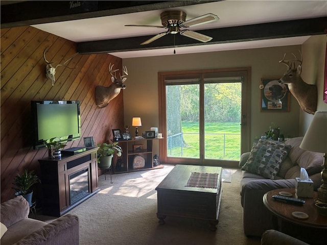 205 S Keel Ridge Rd, Hermitage, PA 16148 - carpeted living area featuring beamed ceiling, wooden walls, and ceiling fan
