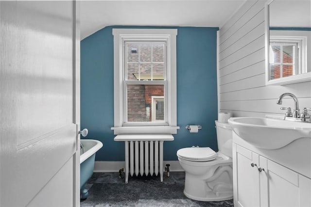 1140 N Negley Ave, Highland Park, PA 15206 - bathroom with radiator, plenty of natural light, toilet, a freestanding tub, and vaulted ceiling