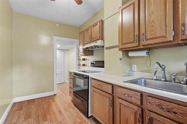 1140 N Negley Ave, Highland Park, PA 15206 - kitchen featuring electric range oven, under cabinet range hood, light wood finished floors, a sink, and light countertops