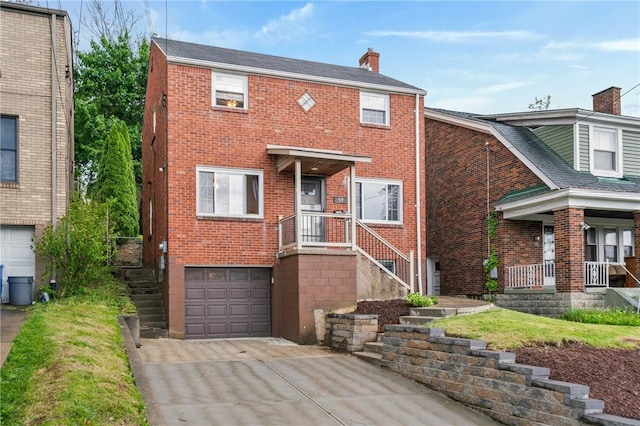view of front facade with a garage, concrete driveway, brick siding, a chimney, and stairway