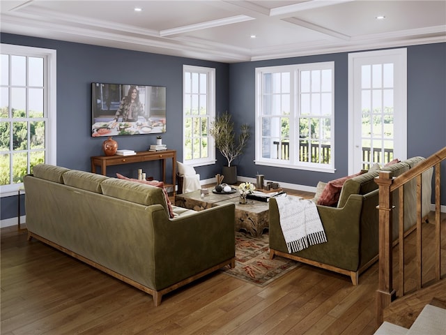 201 Oliver Way, Cranberry Twp, PA 16066 - living room with wood-type flooring, beamed ceiling, coffered ceiling, ornamental molding, and baseboards