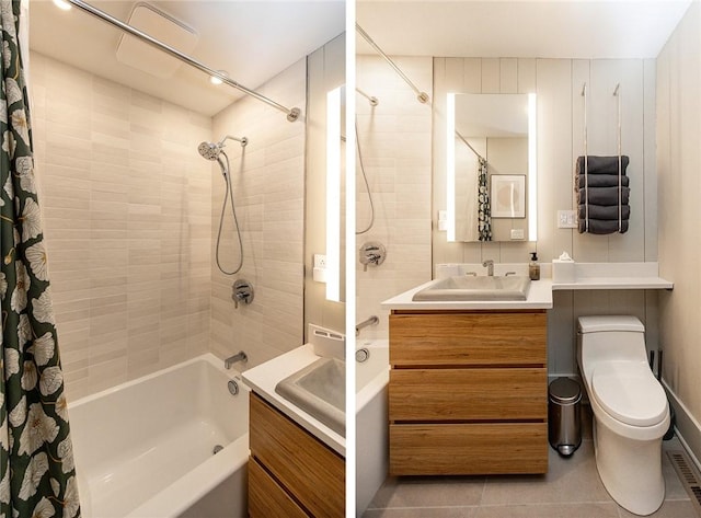 full bath with shower / bath combination with curtain, toilet, vanity, and tile patterned floors