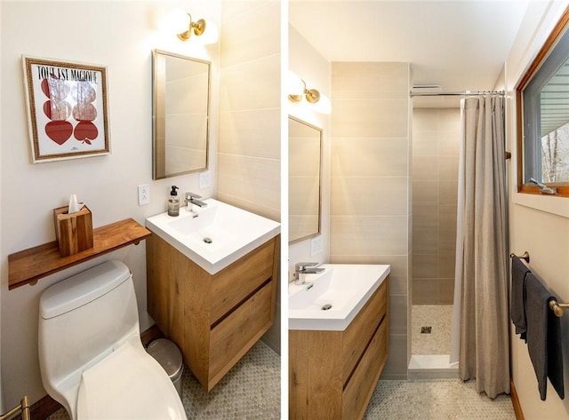 full bathroom featuring two vanities, tiled shower, and toilet