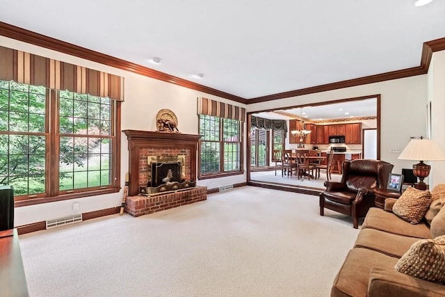 living area featuring crown molding, carpet, baseboards, a chandelier, and a fireplace