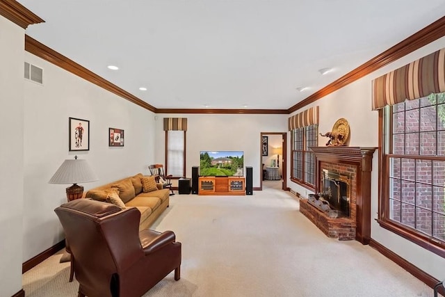 living room featuring baseboards, light colored carpet, a fireplace with raised hearth, ornamental molding, and recessed lighting