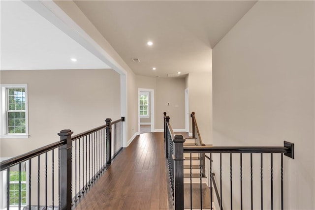 1765 Stevensan Dr, Franklin Park, PA 15143 - hallway with an upstairs landing, recessed lighting, dark wood-style floors, and baseboards