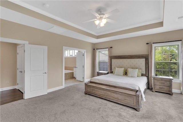 1765 Stevensan Dr, Franklin Park, PA 15143 - bedroom with carpet floors, a tray ceiling, baseboards, crown molding, and ensuite bathroom