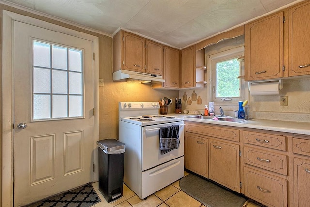 108 Pandora Dr, Derry Twp, PA 15627 - kitchen with white electric range, a sink, under cabinet range hood, light countertops, and light tile patterned floors