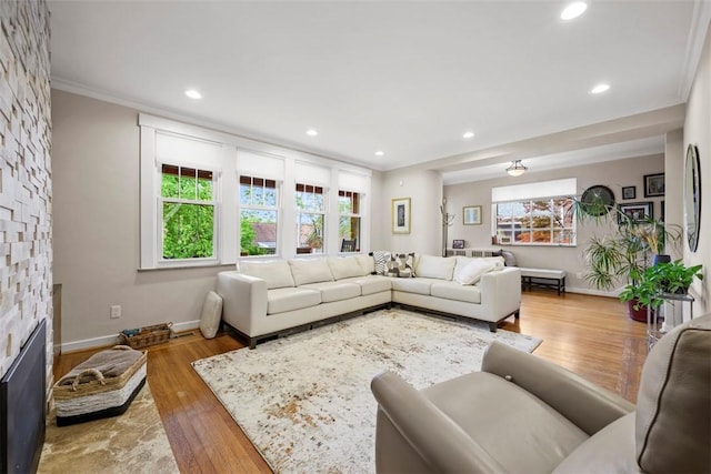 living area with wood finished floors, recessed lighting, baseboards, a stone fireplace, and ornamental molding