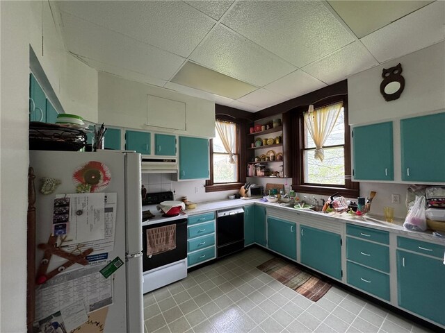 816 Main St, Brockway, PA 15824 - kitchen featuring freestanding refrigerator, electric range, dishwasher, open shelves, and a drop ceiling