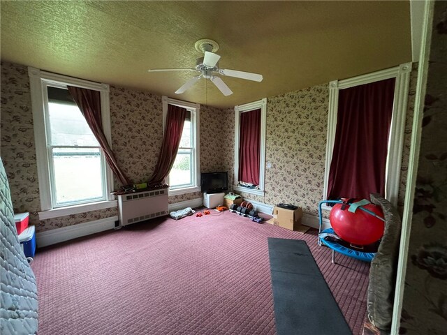 816 Main St, Brockway, PA 15824 - recreation room featuring wallpapered walls, carpet, ceiling fan, and a textured ceiling