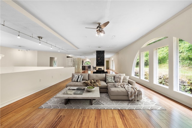 living room featuring wood finished floors, baseboards, ceiling fan, and track lighting