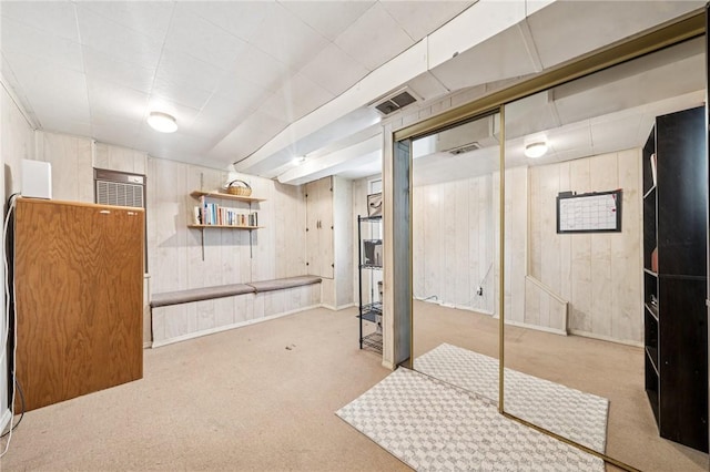 finished below grade area featuring wooden walls, carpet floors, and baseboards