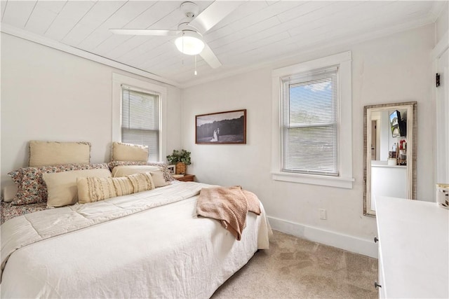 bedroom with light carpet, baseboards, wooden ceiling, and a ceiling fan