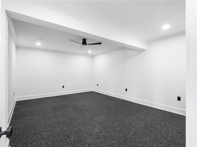 unfurnished room featuring crown molding, a ceiling fan, baseboards, recessed lighting, and light aggregate flooring
