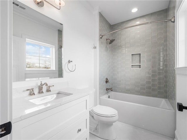 full bathroom with toilet, vanity, bathtub / shower combination, and recessed lighting