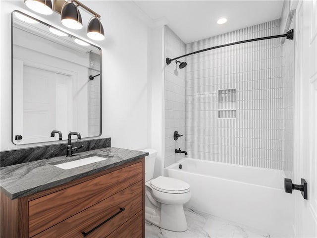 bathroom featuring marble finish floors, vanity, toilet, shower / tub combination, and recessed lighting