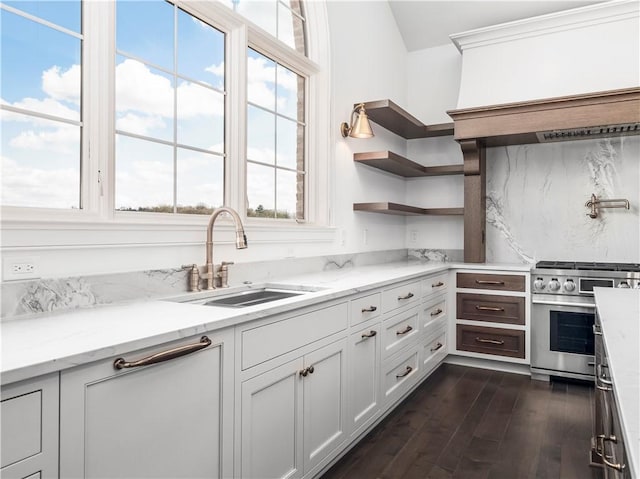 kitchen with high end stove, a sink, dark wood-style floors, and healthy amount of natural light