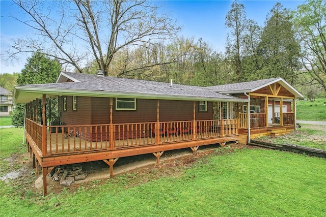 rear view of house featuring a shingled roof and a yard