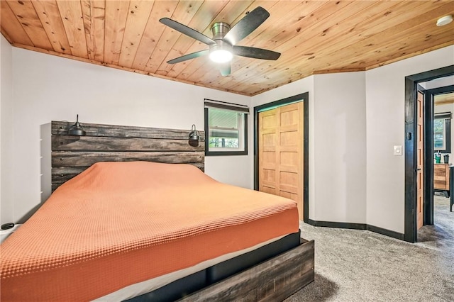 carpeted bedroom with wooden ceiling, multiple windows, a closet, ceiling fan, and baseboards