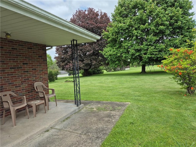 view of green lawn with a patio area