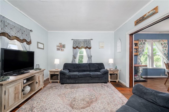 living room featuring ornamental molding, wood finished floors, and baseboards