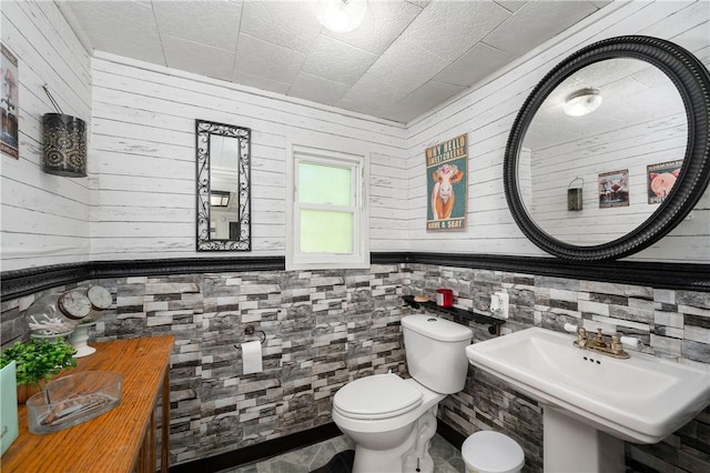 bathroom featuring a sink, wood walls, and toilet