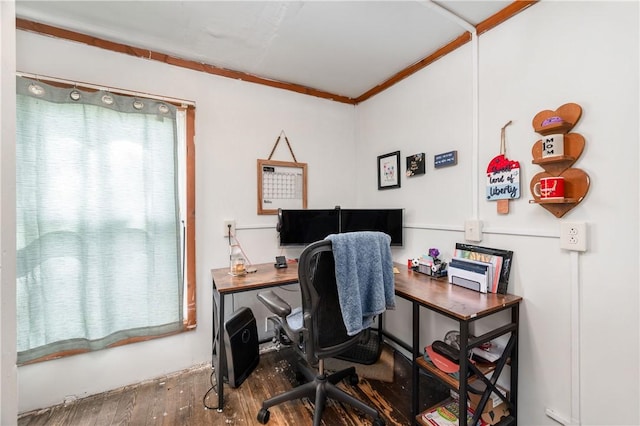 office space with wood finished floors and crown molding