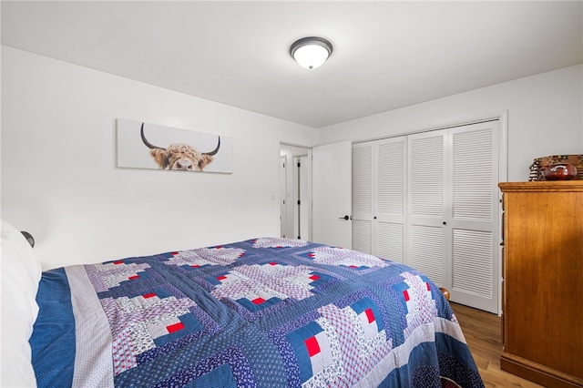 bedroom with wood finished floors and a closet