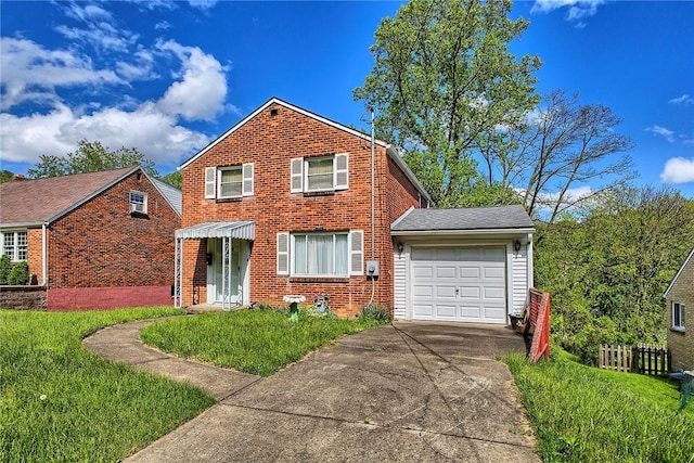 traditional-style home featuring a garage, concrete driveway, and brick siding